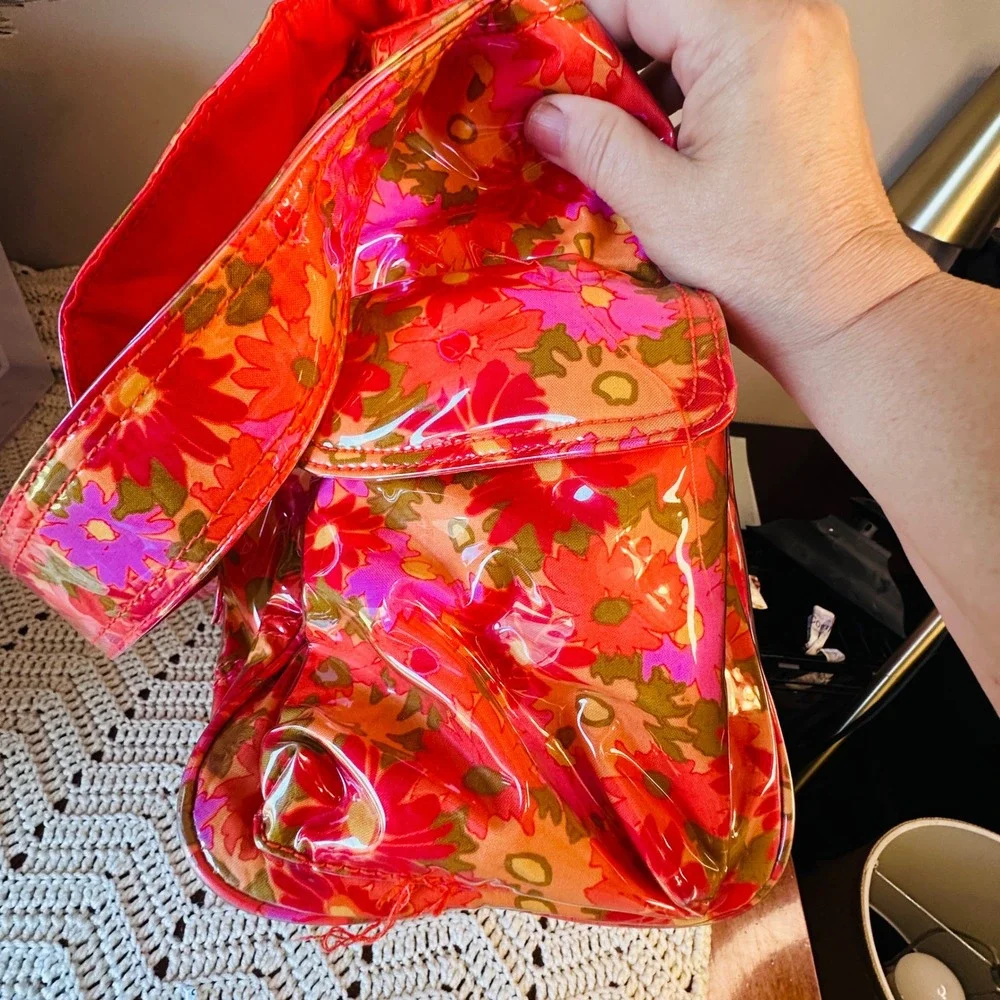 Floral Vinyl Diaper Bag Set Messenger Pouch Changing Pad Pink Orange Retro 4pc